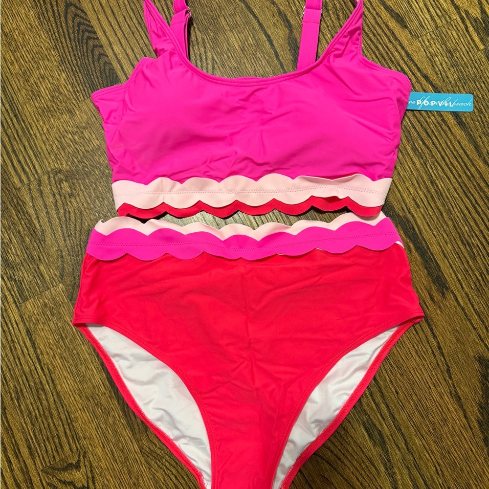 Popvil Scalloped High-Waist Two-Piece Bikini in Hot Pink & Coral size L - Picture 4 of 8